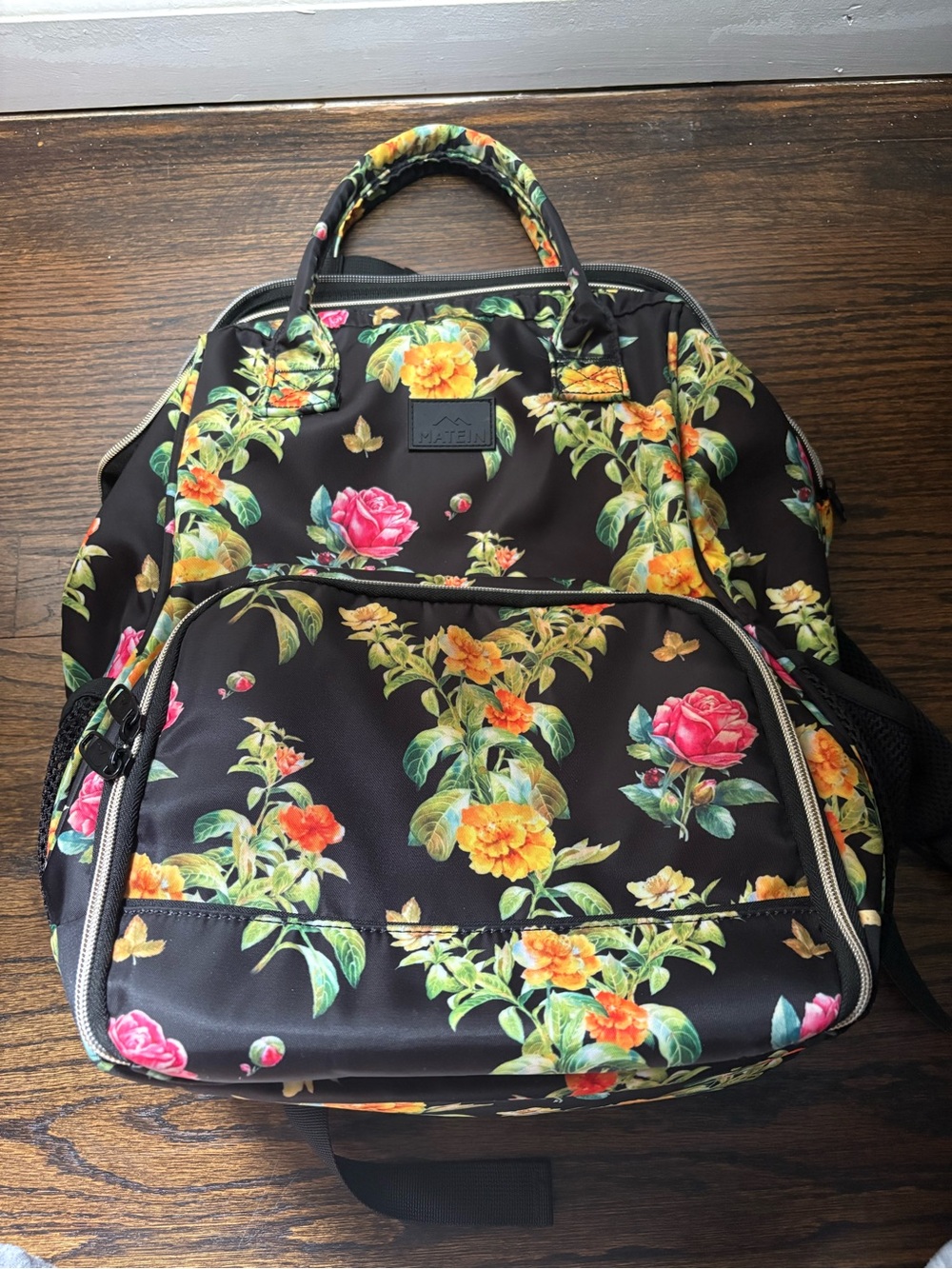 Matteen Floral Black Backpack Tote with Pink & Yellow Blooms